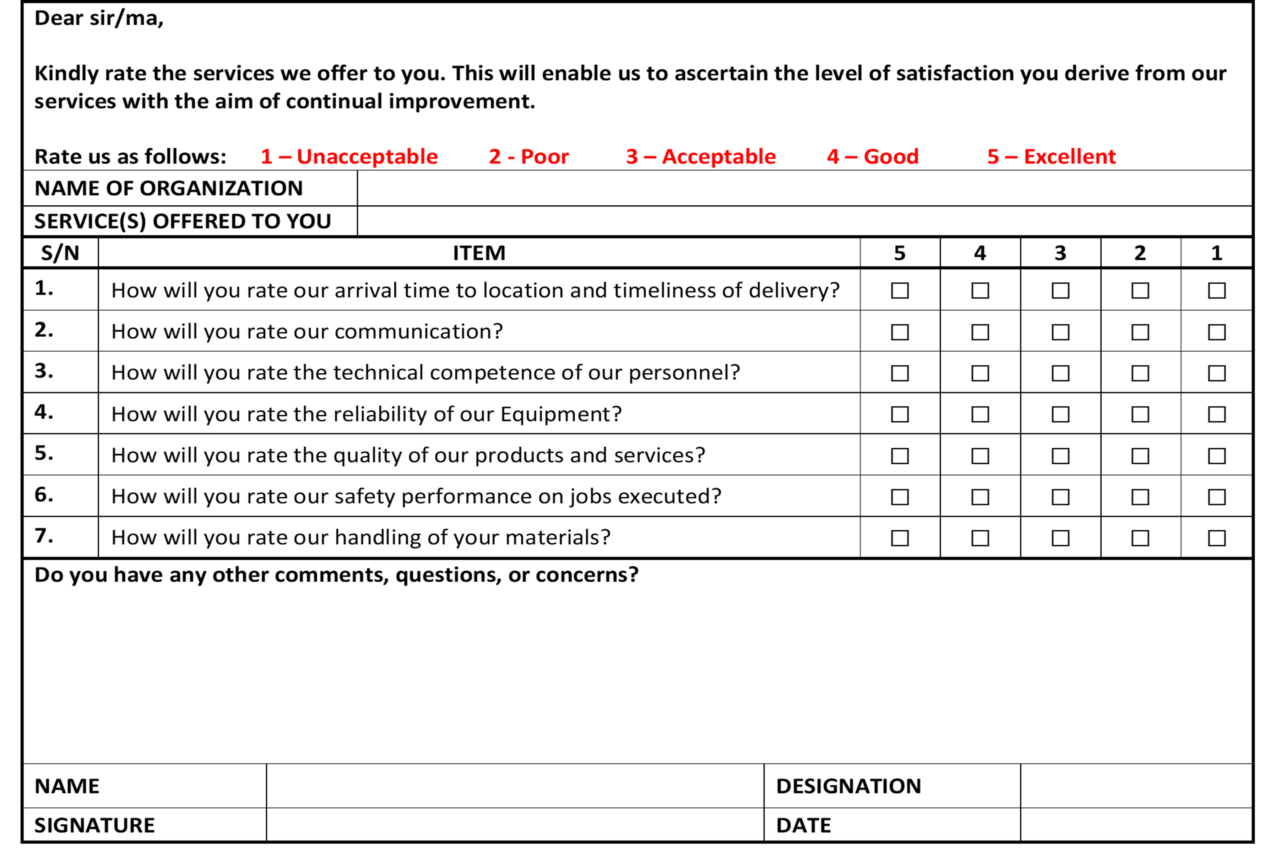Figure 38: Customer feedback survey questionnaire